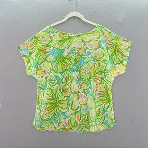 Lilly Pulitzer - women’s 100% silk blouse 1/2 sleeves floral top green blue L